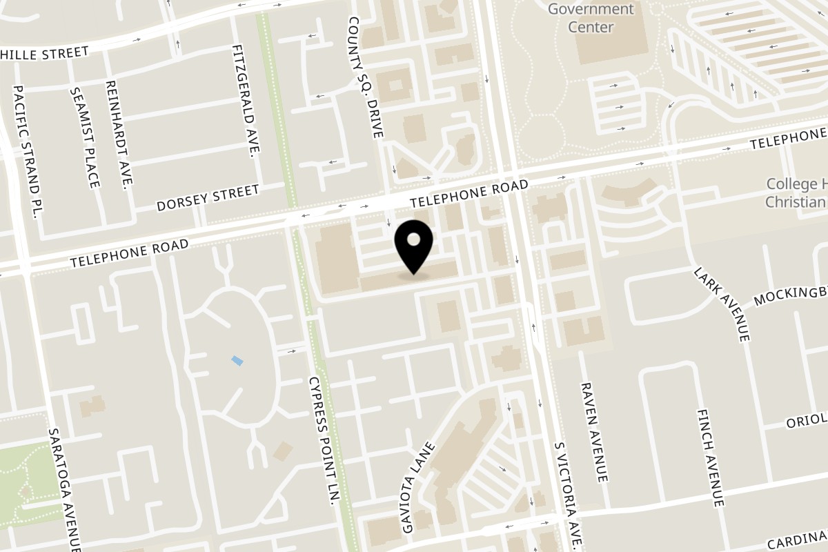 Map showing the location of The Taco Shop Mexican Kitchen on 5722 Telephone Rd Suite 14C in Ventura